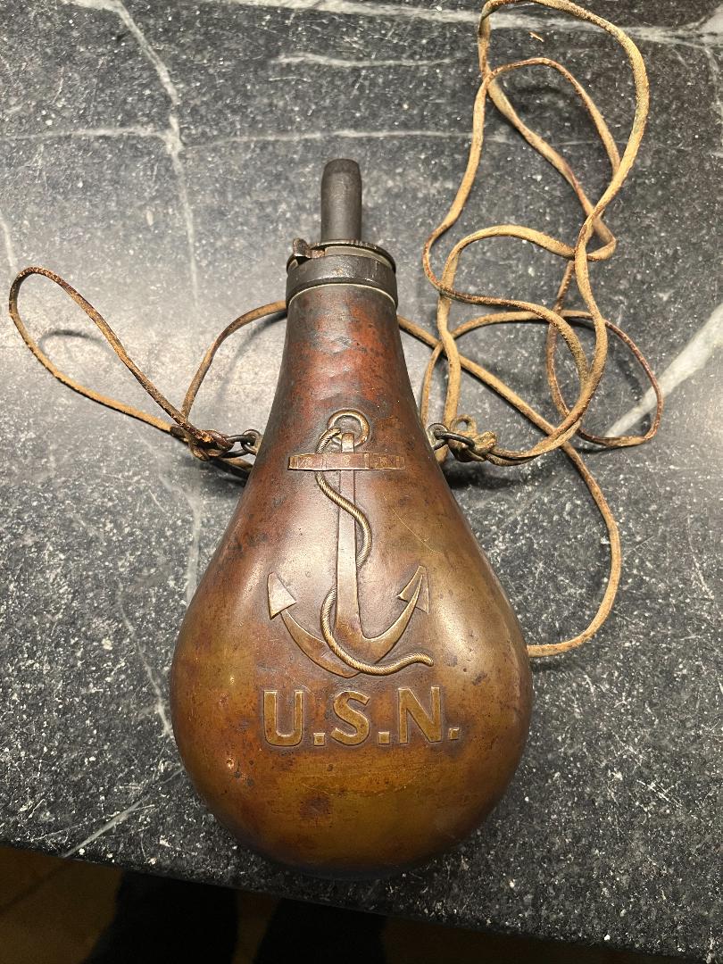 Outstanding Civil War Large USN Brass Powder Flask Ames Mfg. 1843 image